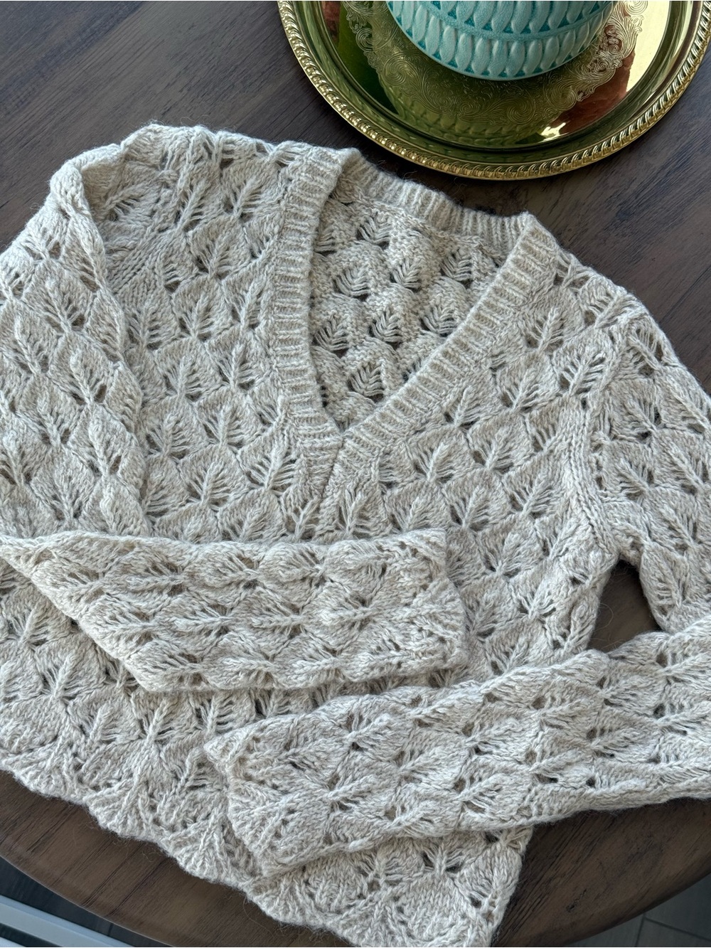 Cream Wool Openwork Pointelle Knit V-Neck Sweater